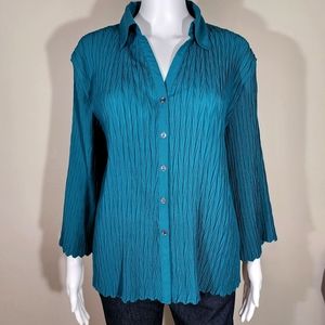 NICOLA 3/4 Sleeve Button Down Turquoise Crinkle Shirt
